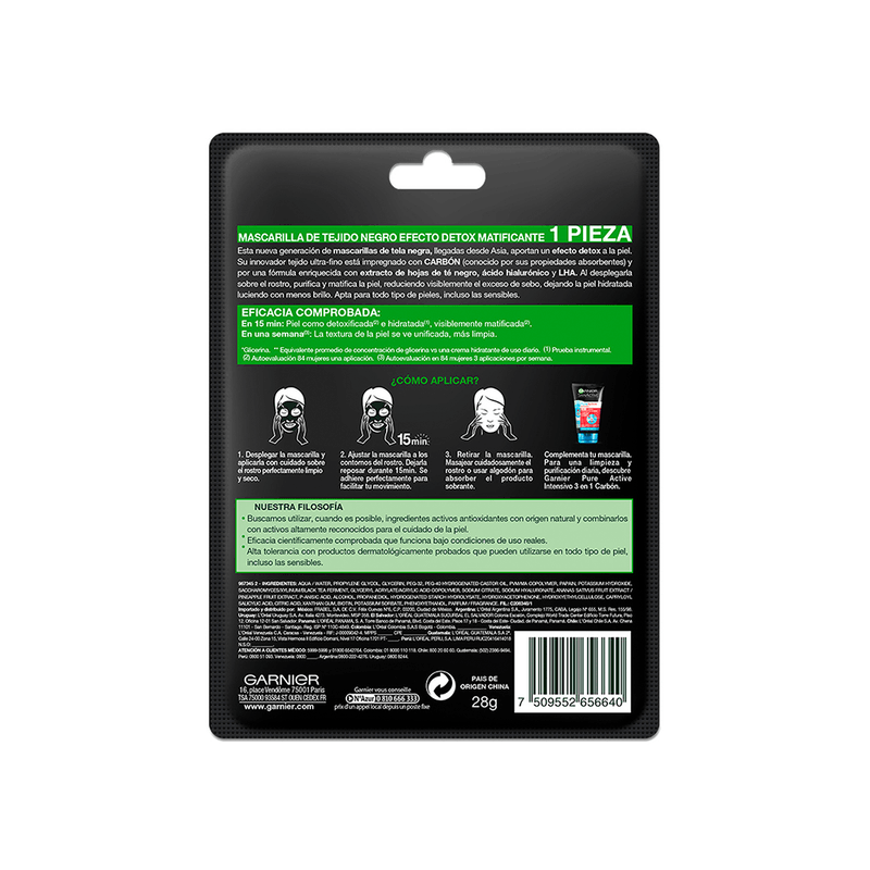 Garnier-Mascarilla en tela Garnier Skin Active Pure Carbón x 1 unid-7509552656640