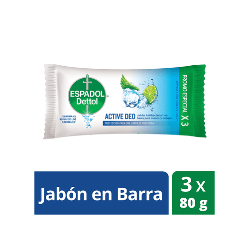 Jabón Antibacterial Active Deo Espadol Detol 3 unid x 80 gr