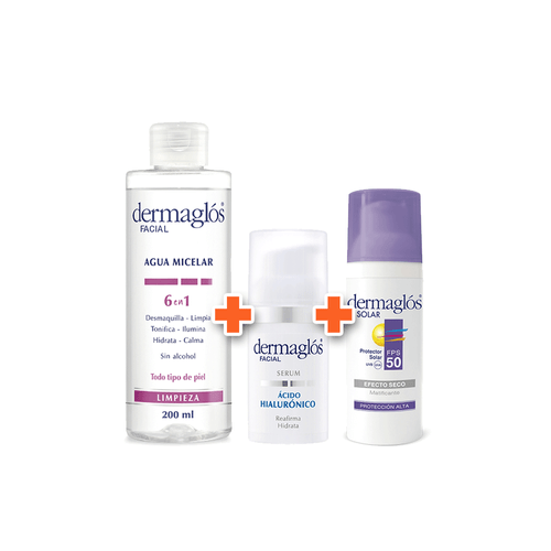 Kit Facial Dermaglos Agua Micelar 200 ml + Serum AH + Protector Solar s/c