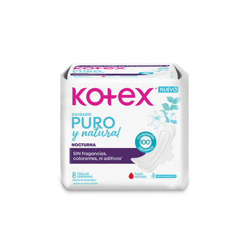 Toallas Femeninas Kotex Nocturna Pura y Natural x 8 unid