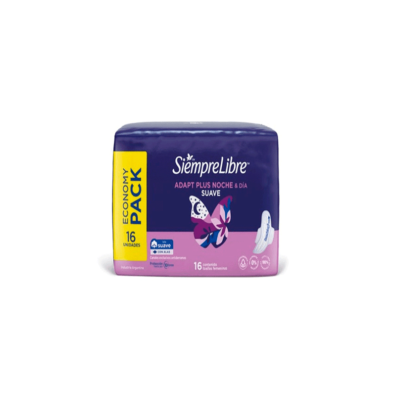 Toallas Femeninas Siempre Libre Adapt Plus Noche &amp; Día Suave c/ Alas x 16 unid