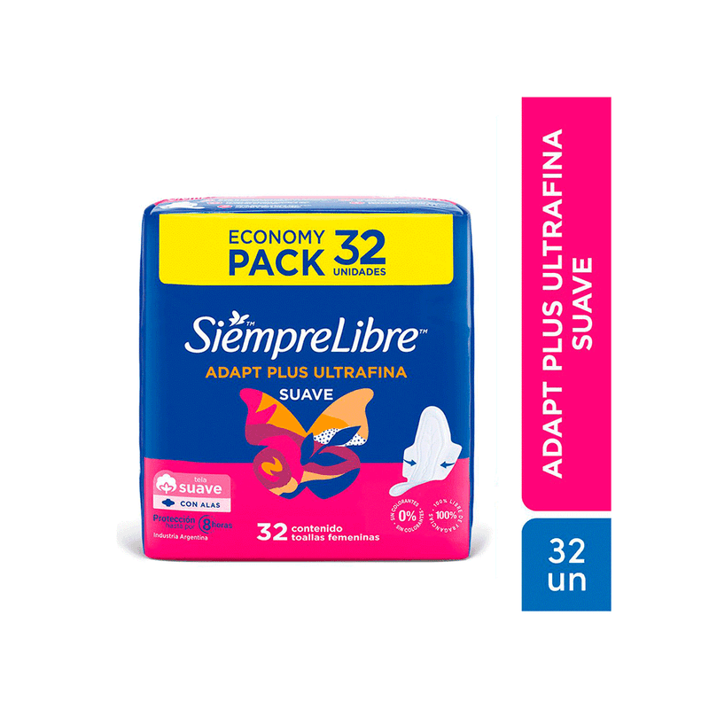 Toallas Femeninas Siempre Libre Adapt Plus Ultrafina Suave c/ Alas x 32 unid